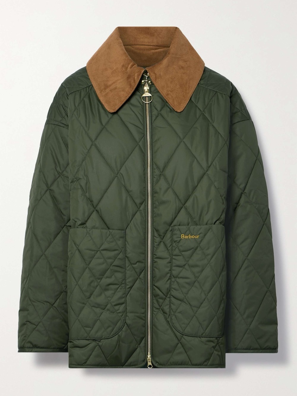 Barbour Olive Green Quilted Jacket with Brown Cord Collar